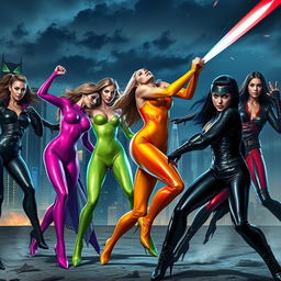 A dynamic scene depicting superheroines wearing sleek, shiny latex catsuits in vibrant colors, engaged in an epic battle with villainesses clad in striking black leather outfits