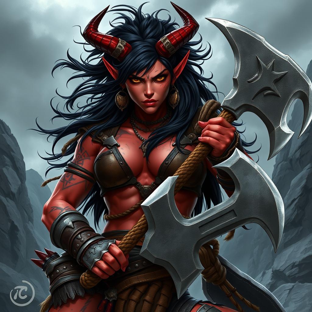 A fierce female tiefling barbarian with striking black hair, muscular physique adorned with tribal tattoos and battle scars