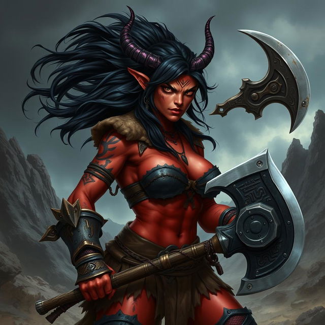 A fierce female tiefling barbarian with striking black hair, muscular physique adorned with tribal tattoos and battle scars