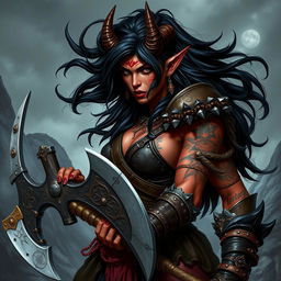 A fierce female tiefling barbarian with striking black hair, muscular physique adorned with tribal tattoos and battle scars