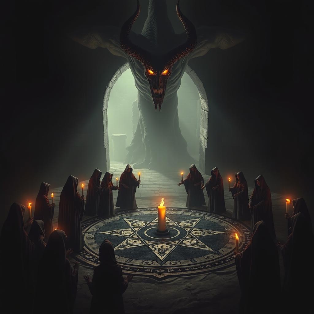 A dark, eerie scene depicting a group of worshippers clad in flowing cloaks engaged in a ritual to summon a giant demon