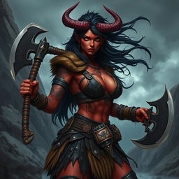 A fierce female tiefling barbarian with striking black hair, muscular physique adorned with tribal tattoos and battle scars