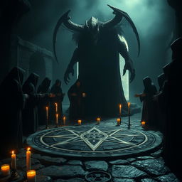 A dark, eerie scene depicting a group of worshippers clad in flowing cloaks engaged in a ritual to summon a giant demon