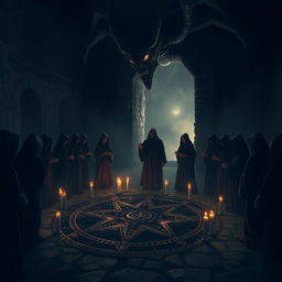 A dark, eerie scene depicting a group of worshippers clad in flowing cloaks engaged in a ritual to summon a giant demon