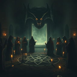 A dark, eerie scene depicting a group of worshippers clad in flowing cloaks engaged in a ritual to summon a giant demon