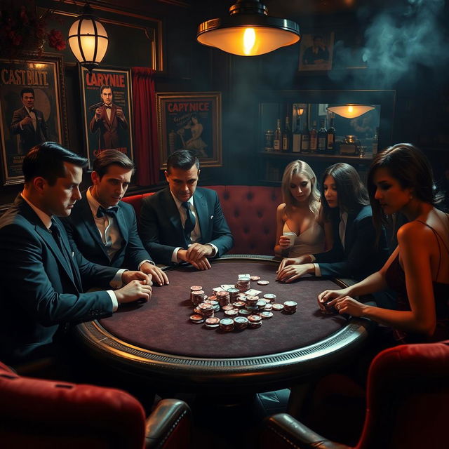 A high-stakes mafia game scene set in a dimly lit, smoky underground bar