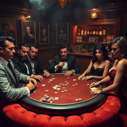 A high-stakes mafia game scene set in a dimly lit, smoky underground bar