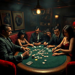 A high-stakes mafia game scene set in a dimly lit, smoky underground bar