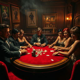 A high-stakes mafia game scene set in a dimly lit, smoky underground bar