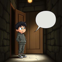 A whimsical scene featuring a 9-year-old boy with black hair, dressed in a comfortable sweatshirt, pants, and sneakers