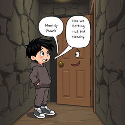 A whimsical scene featuring a 9-year-old boy with black hair, dressed in a comfortable sweatshirt, pants, and sneakers