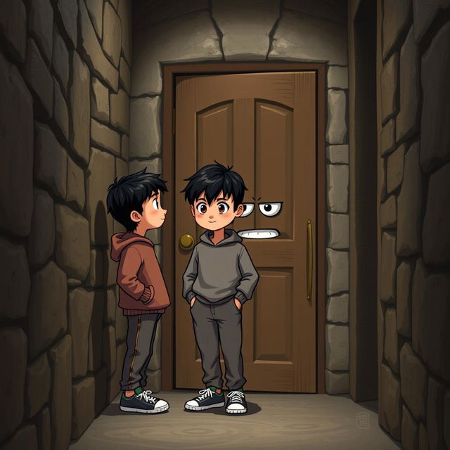 A whimsical scene featuring a 9-year-old boy with black hair, dressed in a comfortable sweatshirt, pants, and sneakers