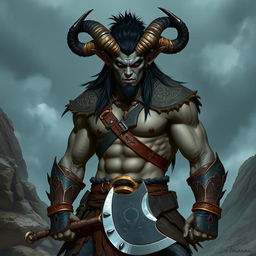 A fierce tiefling barbarian named Román with striking black hair and grey skin