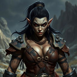 A fierce and powerful female tiefling barbarian with striking black hair, styled back with a bold hair tie