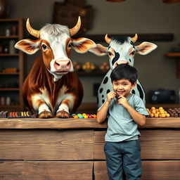 A charming and whimsical scene featuring an ox and a cow standing behind a rustic wooden counter