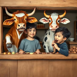 A charming and whimsical scene featuring an ox and a cow standing behind a rustic wooden counter