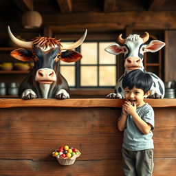 A charming and whimsical scene featuring an ox and a cow standing behind a rustic wooden counter