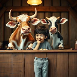 A charming and whimsical scene featuring an ox and a cow standing behind a rustic wooden counter