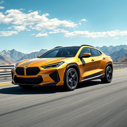 An imaginative image depicting a fusion of the Corvette C8 and BMW X4, designed as a 4-door crossover utility vehicle (CUV) showcasing a striking matte gold finish