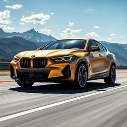 An imaginative image depicting a fusion of the Corvette C8 and BMW X4, designed as a 4-door crossover utility vehicle (CUV) showcasing a striking matte gold finish