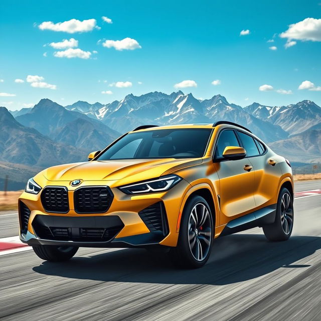 An imaginative image depicting a fusion of the Corvette C8 and BMW X4, designed as a 4-door crossover utility vehicle (CUV) showcasing a striking matte gold finish