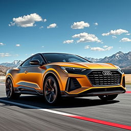 An imaginative image depicting a fusion of the Corvette C8 and Audi RSQ8, designed as a stylish 4-door crossover utility vehicle (CUV) in a stunning matte gold finish