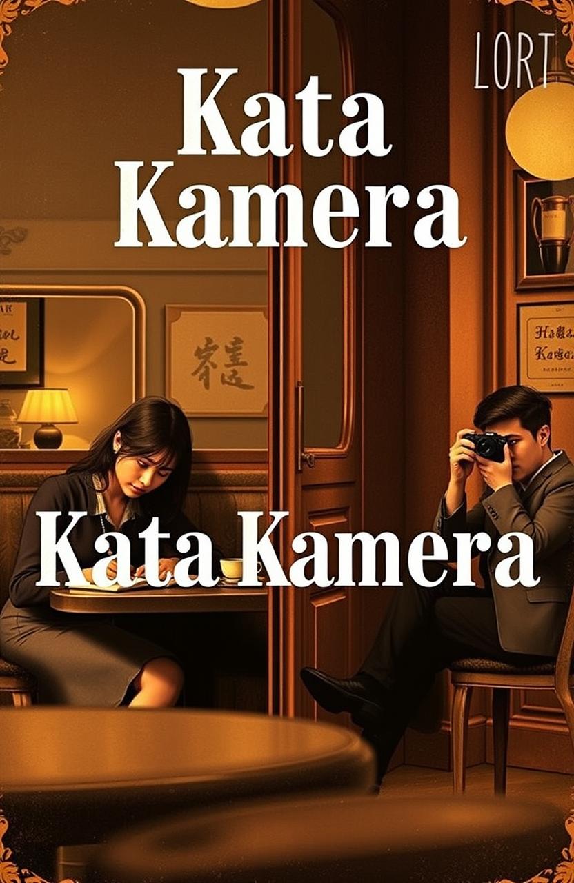 A vintage-style novel cover titled "Kata Kamera" featuring a warm and cozy cafe interior