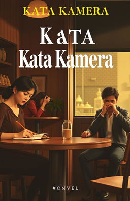 A vintage-style novel cover titled "Kata Kamera" featuring a warm and cozy cafe interior