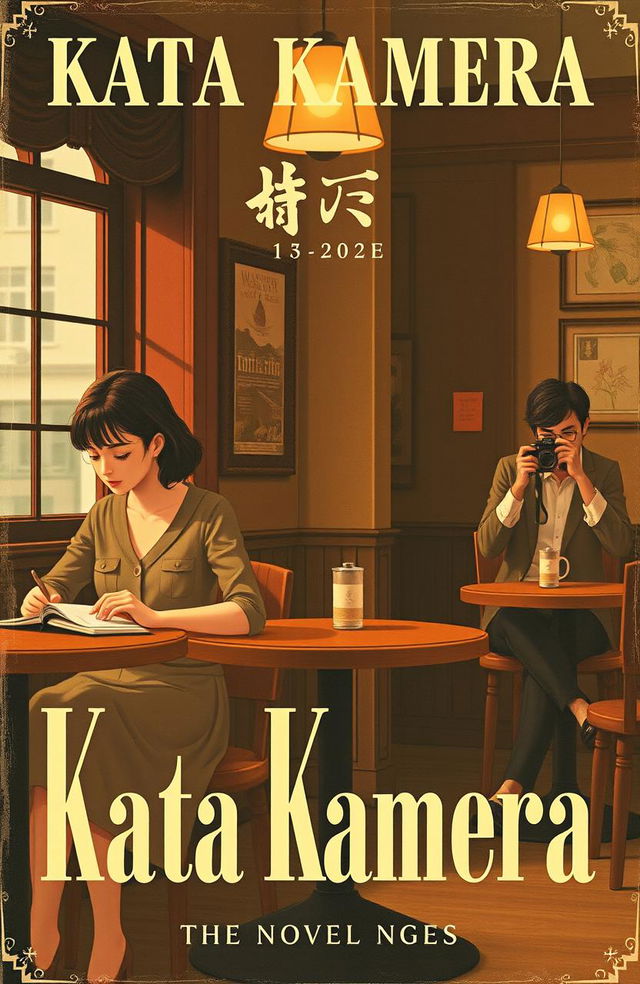 A vintage-style novel cover titled "Kata Kamera" featuring a warm and cozy cafe interior