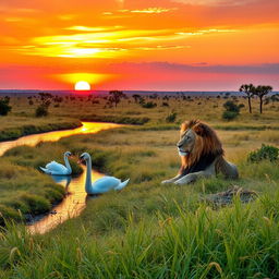 A majestic lion reclining on the golden African plains beside a tranquil stream, with a graceful swan gently swimming in the water