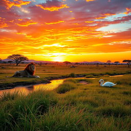 A majestic lion reclining on the golden African plains beside a tranquil stream, with a graceful swan gently swimming in the water