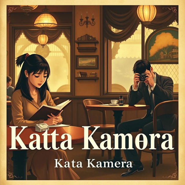 A vintage-themed novel cover titled "Kata Kamera" featuring a warm, cozy cafe setting