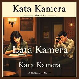 A vintage-themed novel cover titled "Kata Kamera" featuring a warm, cozy cafe setting