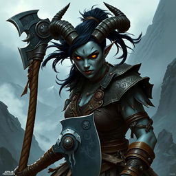 A fierce female tiefling barbarian with striking black hair tied back, her skin is a deep grey, showcasing her devilish heritage