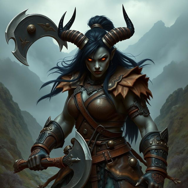 A fierce female tiefling barbarian with striking black hair tied back, her skin is a deep grey, showcasing her devilish heritage