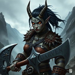 A fierce female tiefling barbarian with striking black hair tied back, her skin is a deep grey, showcasing her devilish heritage