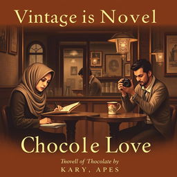 A vintage-themed novel cover with a warm chocolate color palette, set in a cozy cafe interior