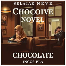 A vintage-themed novel cover with a warm chocolate color palette, set in a cozy cafe interior