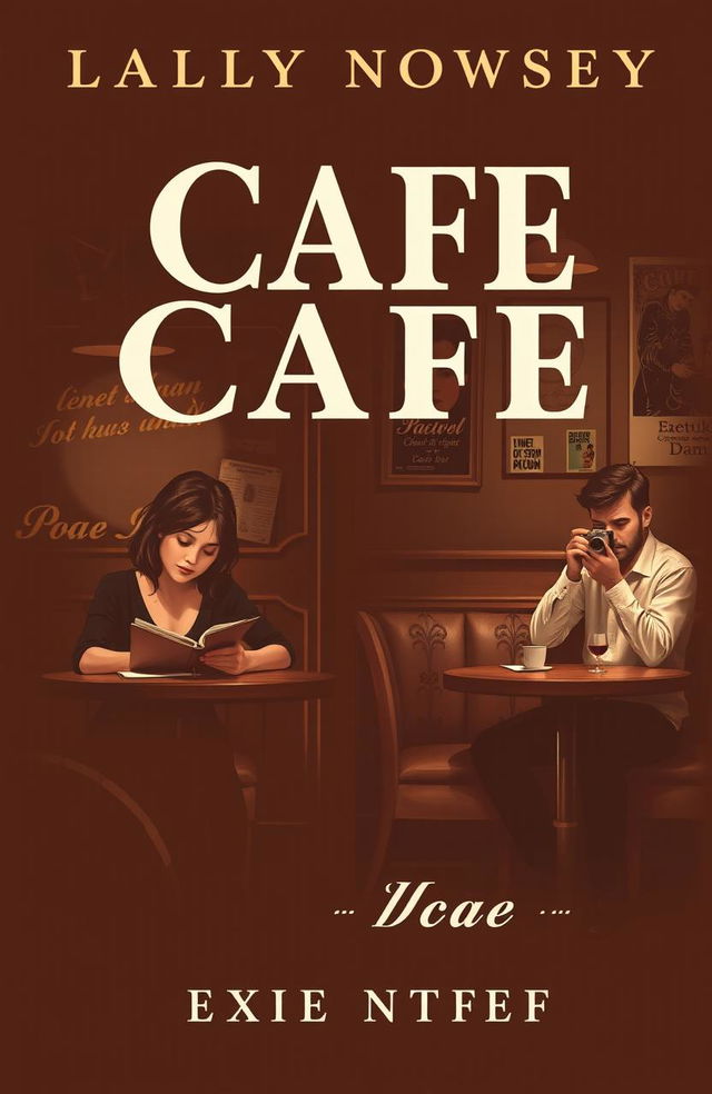 A vintage brown-themed novel cover design depicting a warm and cozy cafe interior