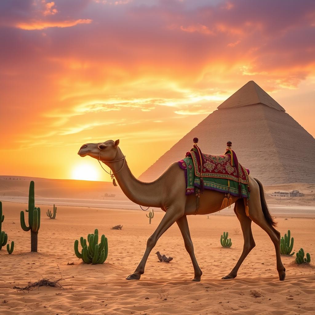 A majestic camel walking gracefully by a giant pyramid in the Egyptian desert, with vibrant green cacti scattered around the sandy terrain