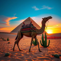 A majestic camel walking gracefully by a giant pyramid in the Egyptian desert, with vibrant green cacti scattered around the sandy terrain