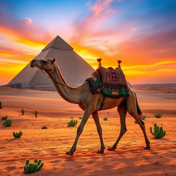 A majestic camel walking gracefully by a giant pyramid in the Egyptian desert, with vibrant green cacti scattered around the sandy terrain