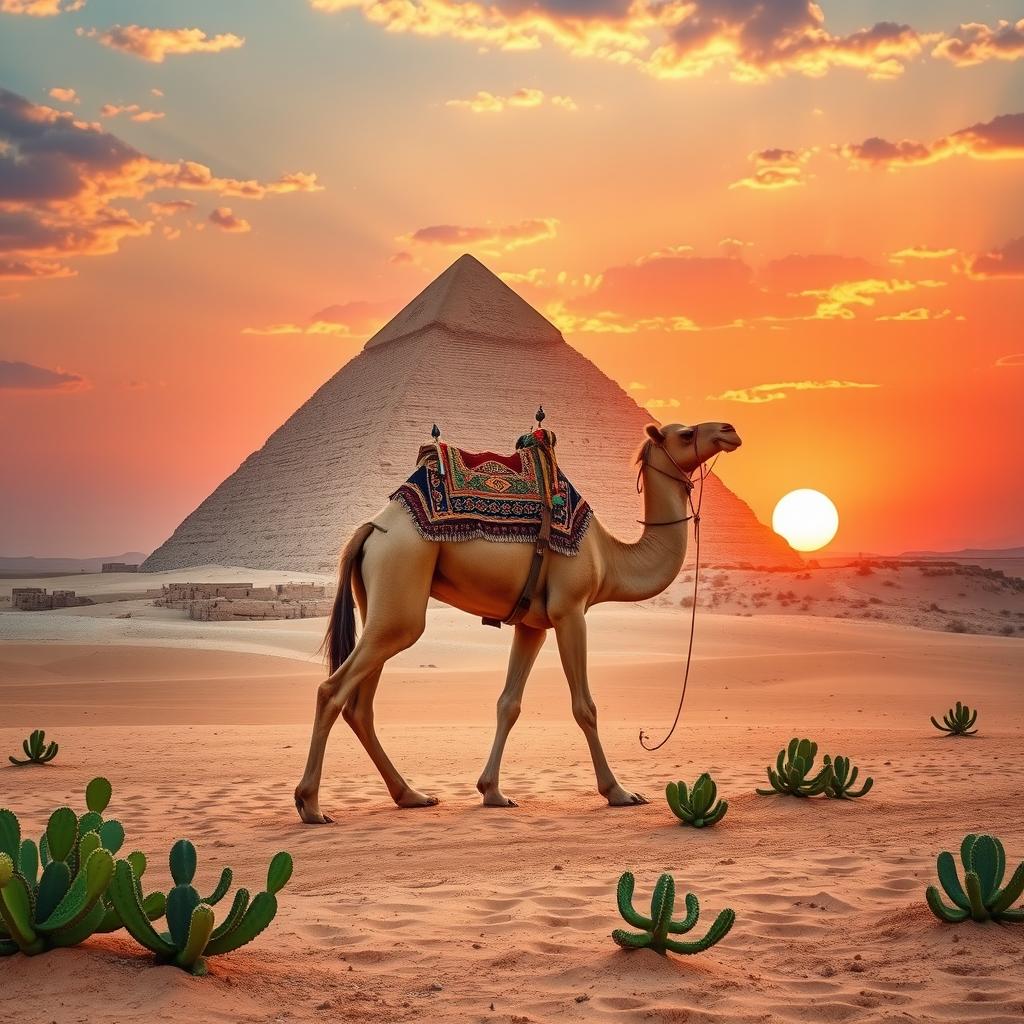 A majestic camel walking gracefully by a giant pyramid in the Egyptian desert, with vibrant green cacti scattered around the sandy terrain