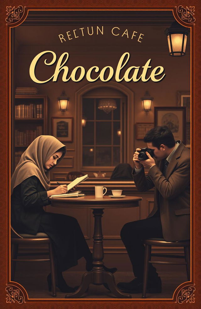 A vintage chocolate-themed novel cover design featuring a warm and cozy cafe interior