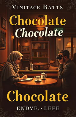 A vintage chocolate-themed novel cover design featuring a warm and cozy cafe interior