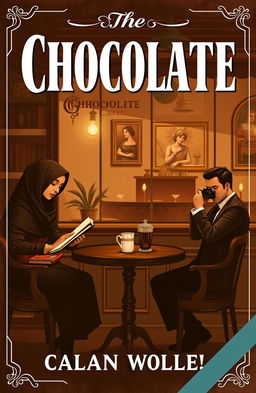 A vintage chocolate-themed novel cover design featuring a warm and cozy cafe interior