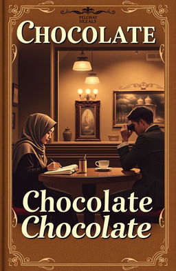 A vintage chocolate-themed novel cover design featuring a warm and cozy cafe interior