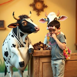 An ox wearing white suspenders with black stripes stands next to a cow dressed in a colorful flowery dress