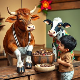 An ox wearing white suspenders with black stripes stands next to a cow dressed in a colorful flowery dress