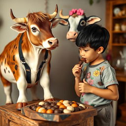 An ox wearing white suspenders with black stripes stands next to a cow dressed in a colorful flowery dress